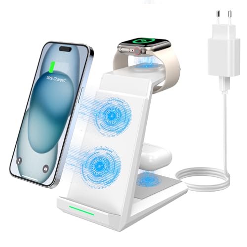 3 in 1 Induktive Ladestation Apple Watch und iPhone, Kabelloses Ladegerät für iPhone 17/16/15/14/13/12/11/Pro Max/Mini,Wireless Charger für Apple Watch 10/9/8/7/6/SE/5/4, AirPods Pro/2/3(mit Adapter)