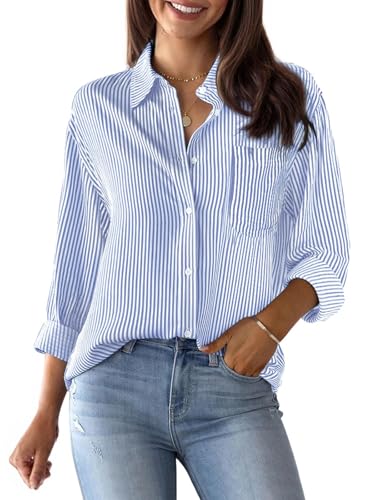 Button Down Shirts for Women Striped Dress Shirts Long Sleeve Collared Cotton Blouses Work Business Casual Tops