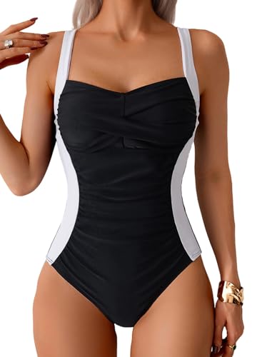 Sangdut Badeanzug Damen Einteilige, Bauchweg Badeanzüge mit Cups Sexy Push Up Bademode V-Ausschnitt Colour-Blocking Shape Schwimmanzug Swimsuit (M, Schwarz)
