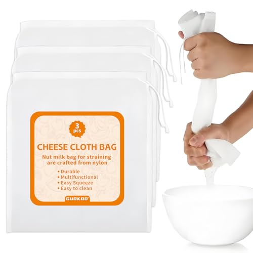 Guokoo 3 PCS Cheese Cloth Bag for Straining, 12 x 12 Inch Reusable Nut Milk Bag, Cheesecloth Bags for Straining, Fine Mesh Strainer Bags for Nut Milk, Juice, Coffee & Cheese Making