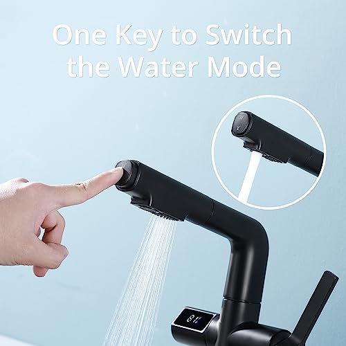 Kmeino Led Bathroom Faucet With Pull Out Sprayer, Matte Black Touchless Bathroom Sink Faucet Temperature Digital Display Kitchen 1 Hole Single Handle Sensor Faucet For Farmhouse Rv Kitchen Sink thumb #4