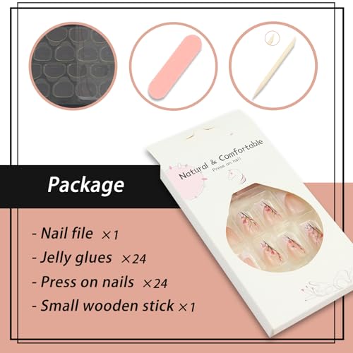 SEMATA Acrylic French Tip Press on Nails Medium Long Square Nails Press ons Coffin Spring Cute Glue on Fake Nail with Flower Designs Reusable Artificial Stick on False Nail for Women 24Pcs — view 5