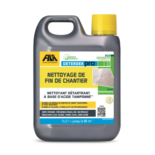 FILA Surface Care Solutions, DETERDEK PRO ECO ADVANCED FORMULA, Nettoyant Désincrustant Acide,Efficace comme Anti Calcaire et Nettoyant Rouille Carrelage, Sans Phosphates 1L (l'emballage peut varier)