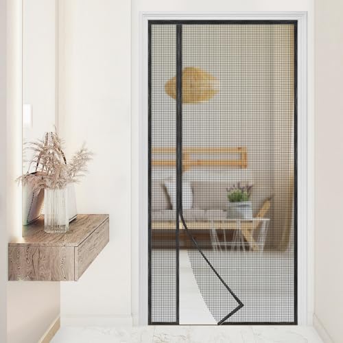 Magnetic Screen Door,Upgraded PET Mesh Material, Reversible Left or Right Side Opening, Retractable Door Screen Magnetic Closure,Keep Bugs Out,Pet and Kid Friendly, Fits Door Size 38" x 82", Black