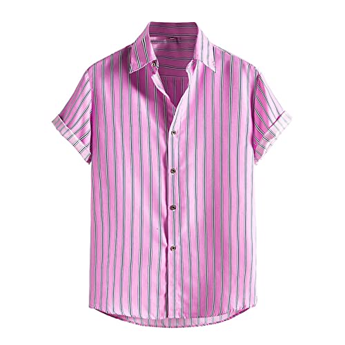 PODOLIXIA Men’s Relaxed-Fit Short-Sleeve Button Shirt – Soft Strand Striped Top for Everyday Comfort Pink