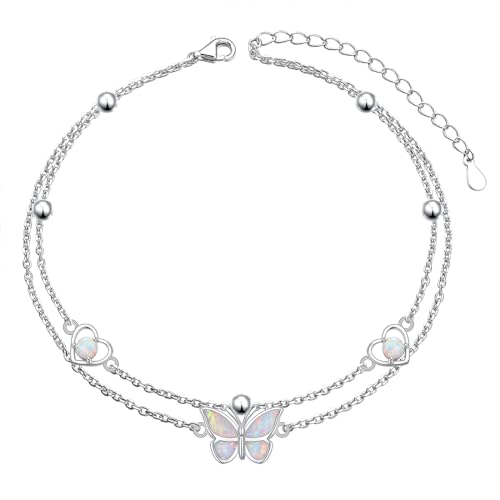 Image of Flyow Anklet for Women S925 Sterling Silver Adjustable Foot Beaded Heart Charm Ankle Bracelet Anklets Jewelry