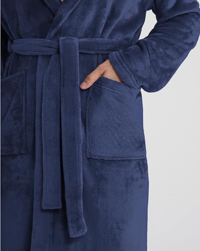 Twinzen Damen & Herren Kuschelfleece Morgenmantel mit Kapuze M - Dunkelblau - Weich, Warm & Bequem - Öko-Tex Standard 100 zertifiziert