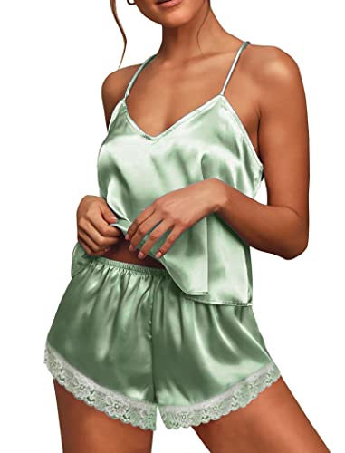 Image of Ekouaer Satin Pajamas Women Lace Sleepwear Lingerie Cami Shorts Set Nightwear XS-XXL