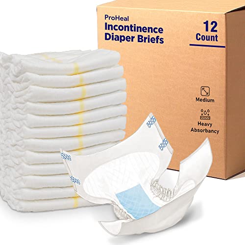 Adult Diapers Incontinence Briefs Medium, 12 Pack - Overnight Heavy Absorbency - for Men and Women - Moisture and Odor Lock - Secure Fit, Refastenable Tabs, Elastic Gathers
