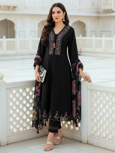 Image of INDO ERA Women's Silk Blend Embroidered A-Line Kurta & Pant with Dupatta Set