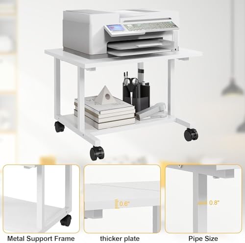Image of 58165 Under Desk Printer Stand, 52 x 40 x 30cm Cart with Wheels, 2 Tier Mobile Printer Table for Home Office, Large Printer Stand with Storage, Office Stand, White