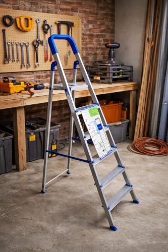 Image of Heavy-Duty 6-Step Aluminium Folding Ladder with Safety Hand Railing | Anti-Slip Wide Steps | Lightweight Foldable Ladder for Home, Kitchen, Cleaning, Painting, Maintenance & Indoor /Outdoor Use