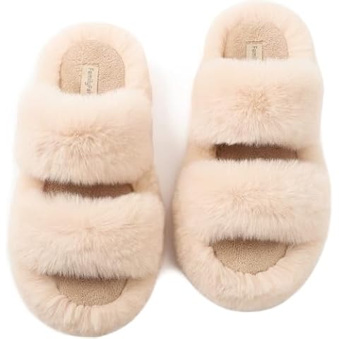 FamilyFairy Women's Fluffy Faux Fur Slippers Comfy Open Toe Two Band Slides with Fleece Lining and Rubber Sole(7-8, Beige) Cover
