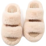FamilyFairy Women's Fluffy Faux Fur Slippers Comfy Open Toe Two Band Slides with Fleece Lining and Rubber Sole(11-12, Beige)