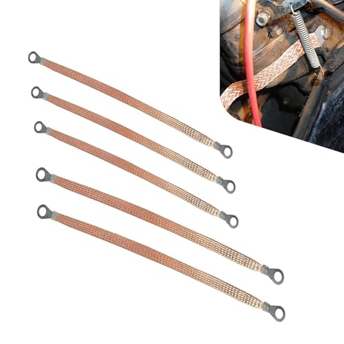 5PCS Automotive Flat Braided Copper Ground Strap, Three 10" and Two 13" Grounding Cable Straps with Terminals Plugs, Durable Engine, Universal Fit Compatible with Most Vehicles (Gold)