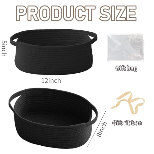 Image of JMvicyroam Small Woven Basket, Empty Gift Basket, Black /1 Pack | Small Gift Basket, Cotton Rope, 12 x 8 x 24 in, Handles, Includes Ribbon and Bag, Birthday Gift Basket
