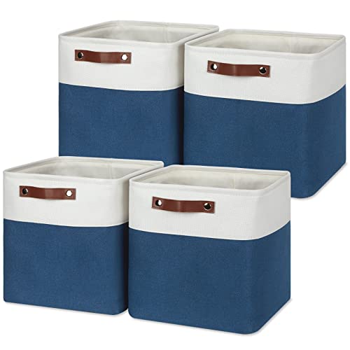 Temary Fabric Storage Cubes 4Pack Blue Fabric Storage Baskets 12 Inch Cube Storage Bins with Handles for Organizing Closet (White&Blue) by Temary - Used condition - US$29.77