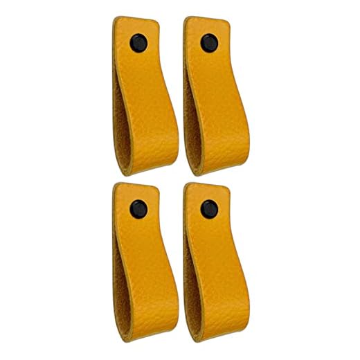 Tiradores de Cuero | Amarillo Ocre / 4 piezas | 16,5 x 2,5 cm | Piel de Granos | 3 tornillos de color - tiradores para Accesorio de Mobilario, armario, cajón, puerta