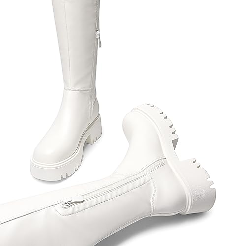 DREAM PAIRS DREAM PAIRS Women's Platform Over The Knee Boots Lug Sole Round Toe Thigh High Long Chunky Block Heels Fall Boots,Size 9,White-Pu,SDOB2309W