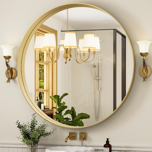 24 Inch Round Bathroom Mirror - Wall Mounted Circle Mirror with Metal Frame, Modern Mirror Suitable for Bathroom, Vanity, Entryway, Living Room, Wall Decor,Gold - Image 3