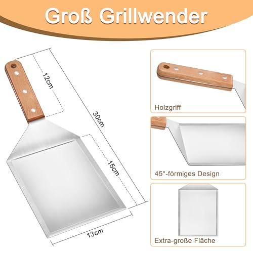 Herogo Grillspachtel Set, 2 Stück Edelstahl Plancha Spachtels und Groß Grillwender für Smash Burger, Teppanyaki, BBQ Zubehör, Grill Geschenke für Männer, Spülmaschinenfest - Holzgriff