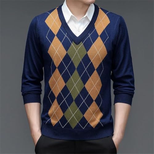 Men Wool Sweater V-Neck Long Sleeve Argyle Vintage Casual Knit Sweater Top2
