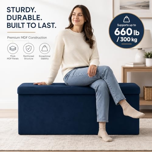 Image of ALASDO 43 Inch Folding Storage Ottoman Bench with Hidden Storage, Velvet Storage Ottoman Foot Rest Stool, End of Bed Bench for Bedroom, Living Room, Entryway and Closet, Navy Blue