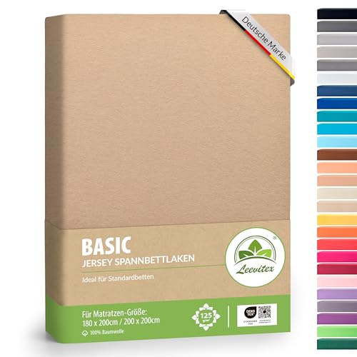leevitex® Jersey SPANNBETTLAKEN | Spannbetttuch | 100% Baumwolle | MARKENQUALITÄT | ÖKOTEX | 180 x 200 - 200 x 200 cm | Sand/Beige