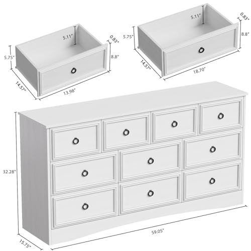 Modern 10 Drawer Dresser, Dressers for Bedroom, Chest of Drawers Closet Organizers and Storage Clothes - Easy Pulls Handle, Textured Borders Living Room, Hallway, White