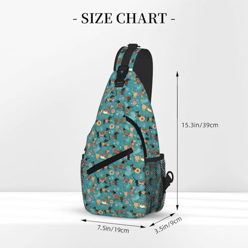 Dachshund Dog Floral Casual Sling Backpack Cross Body Chest Bags for Unisex Teal Pink Flowers Adjustable Shoulder Bag Multipurpose Daypack3