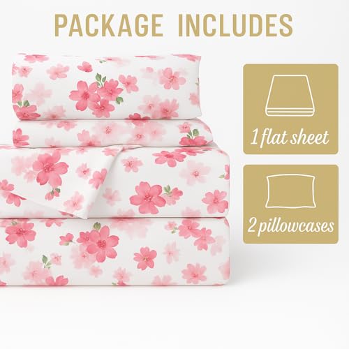 Image of King Size Bedsheet - Floral Pink - 108 x 108 Inches - Brushed Microfiber Flat Sheet with Pillow Covers - Soft, Cooling, Wrinkle & Fade Resistan