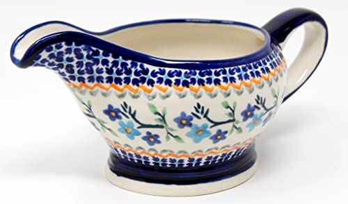 Polish Pottery Gravy Boat 16 Oz. From Zaklady Ceramiczne Boleslawiec in Blue Blossom Pattern, 9 Inch long 4 Inch wide