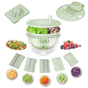 Salad Spinner Large-5.3 Qt Vegetables Fruits Wash Spinner Bowl,Lettuce Spinner Dryer with 5 Blades,Egg Yolk Strainer Slicer Shredder for Kitchen Colander,Pasta and Fries Spinner-Green
