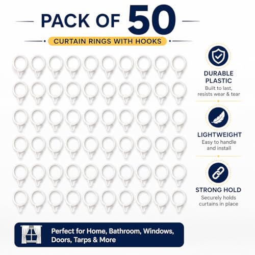 Image of Curtain Rings with Hooks for Windows, Door & Bathroom Curtains - Heavy Duty Plastic, Rustproof, Smooth Sliding - 1.25 Inch, Pack of 50