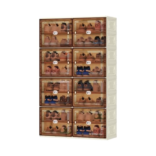 Image of 32 Pairs Shoes Storage Cabinet of 3-Step Fast Installation,Plastic Shoe Rack with Clear Magnetic Door for Display, Shoe Organizer for Sneaker, Sandals, Heels (2 Row, 8 Tier)