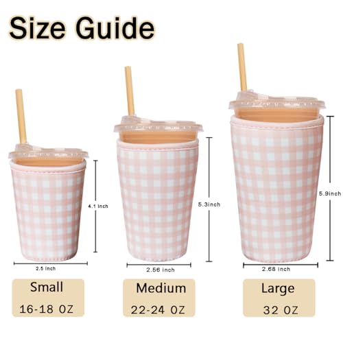 Image of Reusable Insulated Sleeve for Iced Coffee Cup, 3-Pack Coffee Neoprene Drink Sleeve for Cold & Hot Drinks, Beverage Holder for Iced Coffee (Pink Gingham)