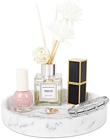 Pochento Vanity Tray, 7'' Resin Round Decorative Tray for Bathroom Counter Kitchen Nightstand Dressers, White Jewelry Catchall Organizer Tray for Perfume, Candle, Cosmetics - Marble Pattern Tray