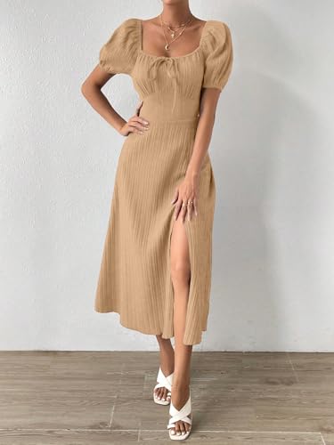 Image of Shasmi Women's & Girl's Tie Front Split Thigh Milkmaid Maxi Dress - Square Neck Puff Sleeve A-Line Long Dress, Elegant Casual & Parties Wear for Ledies (Dress 245)