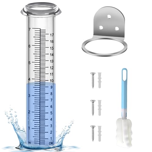 HQcontL Accurate Rain Gauge Outdoor, 7" Rain Gauges Outdoors Best Rated with Stainless Steel Rack Holder, Thickened Plastic Large Precise rain Measure Guage for Fence Yard Lawn Garden