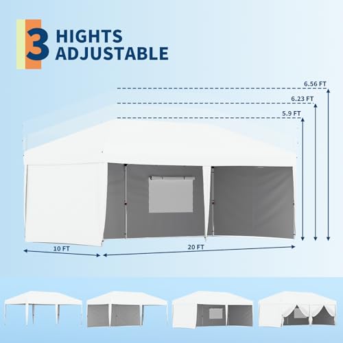 10x20 Heavy Duty Pop Up Canopy with 4 Removable Sidewalls - Easy UP Outdoor Canopy Tent with Portable Roller Bag - 3 Adjustable Height, 6 Weight Bags, 8 Stakes & 4 Guy Ropes Included, White