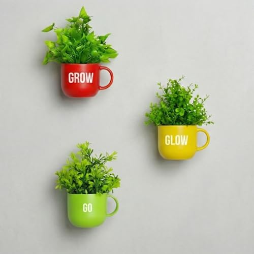 Image of Dekorly Colorful Wall-Mounted Mug Planters with Faux Greenery(20 CM)- Wall Decorative Pots for Vibrant Home & Office Decor| (3, Grow Glow Go)