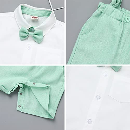 Baby Boys Formal Suit Gentleman Bowtie + Summer Short Sleeve T-Shirt Top+ Suspenders Shorts Button Bib Pants Wedding Tuxedo Outfits Birthday Cake Smash Christening Clothes 3Pcs Set Green 0-6 Months #TOP4