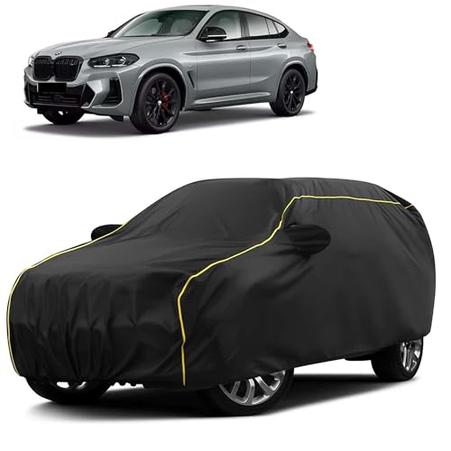 Image of Sulfar 100% Water Resistant Car Body Cover Compatible with Mirror for BMW X4 (Triple Stitched, Full Bottom Elastic, Black Taffeta with Yellow Piping)