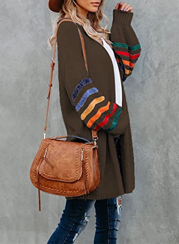 Dokotoo Long Cardigans For Women Balloon Long Sleeve Striped Color Block Cardigan Sweaters Comfy Cable Knit Open Front Sweater Coats S Brown #TOP2