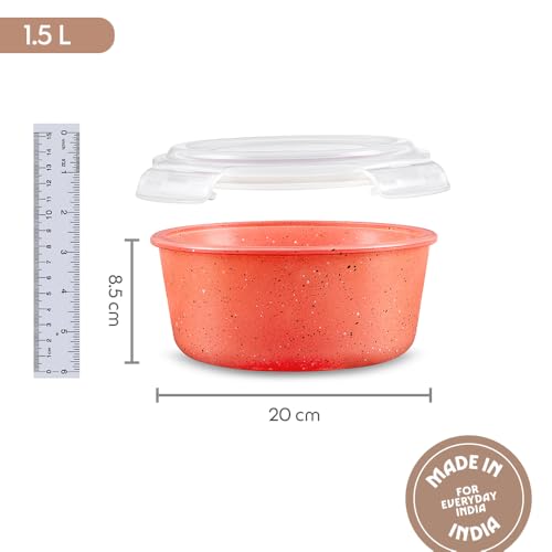 Image of Borosil 1.5 L Kube Pink Food Storage Container with Air Tight Lid | Round Shape Borosilicate Glass Organiser | Microwave & Dishwasher Safe | For Fridge, Kitchen Storage