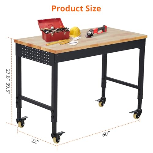 60" Workbench, Heavy Duty Adjustable Height Table with Power Outlets, Portable Garage & Workshop Work Bench, 2000 LBS Capacity, Office, Home Use, Easy Assembly, Multipurpose Utility Table