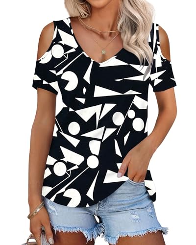 WNEEDU Camisetas Manga Corta Mujer Verano Blusas Cuello V Top Elegante Basicas T-Shirt Patrones GeoméTricos 2XL