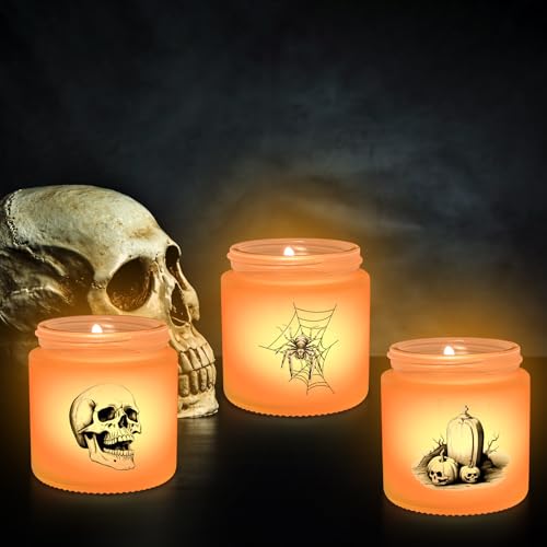 Image of BILOLLY 3 Pack Halloween LED Candles Decorations Indoor, Spooky Home Decor with Skulls, Spiders, Crow, Halloween Scented Candles for Home, Party, Holiday