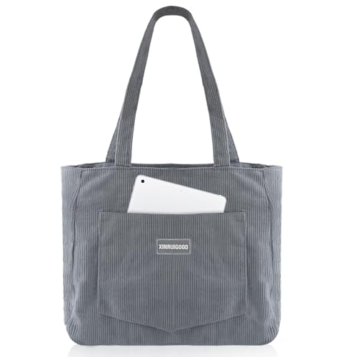 Honosen Cord Tasche Damen, Tote Bag Groß, Shopper Tasche Damen, Strandtasche mit Reißverschluss, Handtasche, Vielseitige Umhängetasche für Arbeit Schule Reisen Einkaufen, Grau