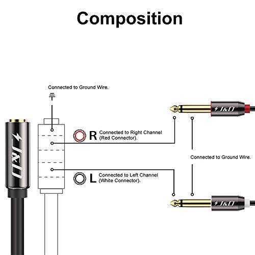 J&D 3.5 mm to 2 x 6.35 mm Cable, Gold Plated Copper Shell Heavy Duty 3.5mm 1/8 inch Female TRS to 2X 6.35mm 1/4 inch Male TS Stereo Audio Adapter Cable for iPhone, Amplifiers, 6 Feet - image 2
